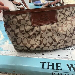 Coach Brown and Tan Signature Shoulder Bag